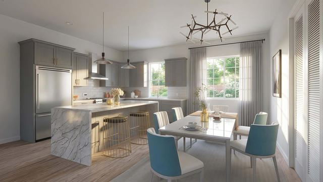 Kitchen And Dining view of the source-documented 1,580-square-foot, 40-by-43-foot three-bedroom casita, showing island kitchen and dining.