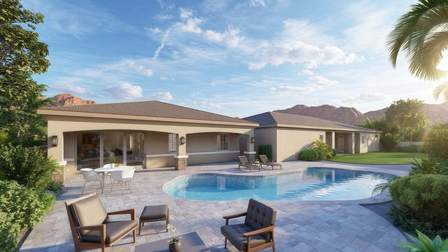 Rear Porch view of the source-documented 1,580-square-foot, 40-by-43-foot three-bedroom casita, showing covered porch by the pool.