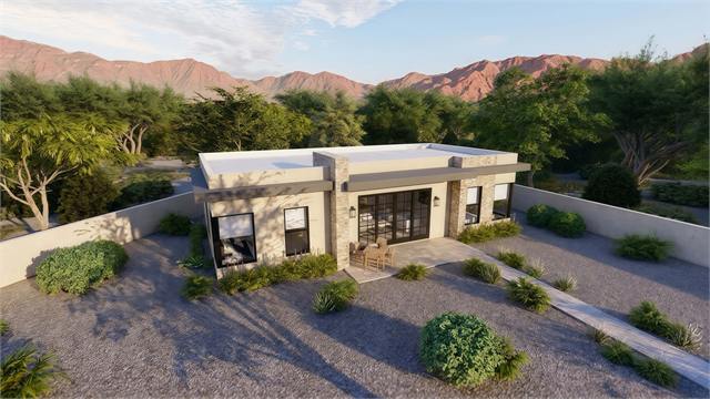 Aerial front exterior rendering of the 45 by 22 ADU with desert landscaping