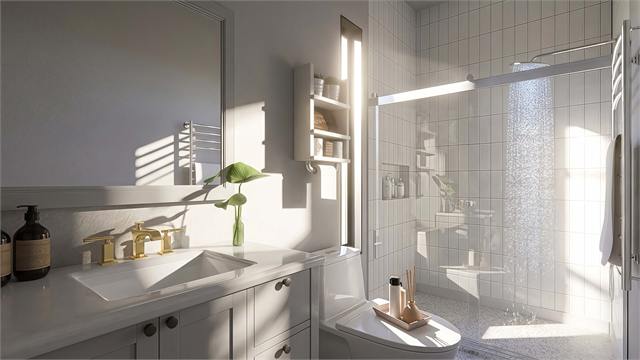 Bathroom shower and vanity rendering for the 45 by 22 ADU floor plan