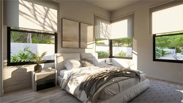 Bedroom corner rendering for the 45 by 22 ADU with large windows