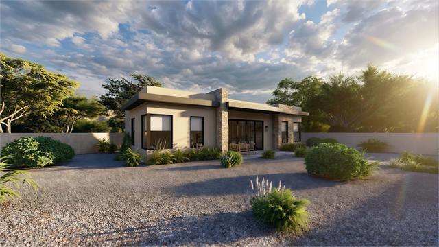 Desert yard exterior rendering of the 45 by 22 accessory dwelling unit