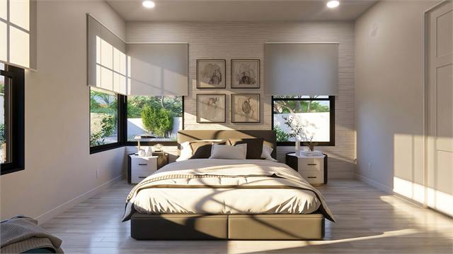 Open living kitchen rendering for the 45 by 22 two-bedroom accessory dwelling unit