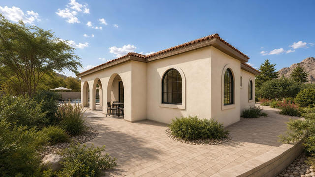 Exterior rendering of the 45 by 36 casita showing a covered arched patio, stucco walls, tile roof, and desert landscaping