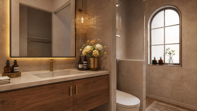 Interior rendering of a bathroom showing a wood vanity, large mirror, walk-in shower, arched window, and stone tile