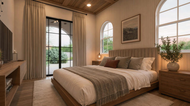 Interior rendering of a bedroom showing a bed, arched windows, glazed patio door, wood ceiling, and warm neutral finishes