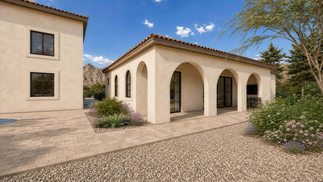 Exterior rendering of the casita showing the deep arched porch, glazed doors, tile roof, and paved courtyard