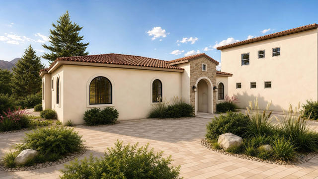 Front three-quarter rendering of the casita showing arched windows, tile roof, stucco walls, paved walk, and landscaping