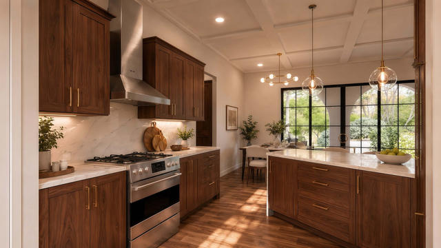 Interior rendering of the kitchen showing wood cabinetry, island, range hood, arched windows, and dining area
