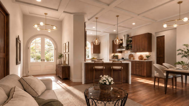 Interior rendering of the open living and kitchen area showing island seating, wood cabinetry, arched windows, and entry doors