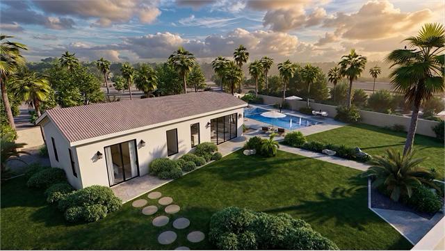 Aerial backyard rendering of a 46 by 19 casita with pool and desert landscape