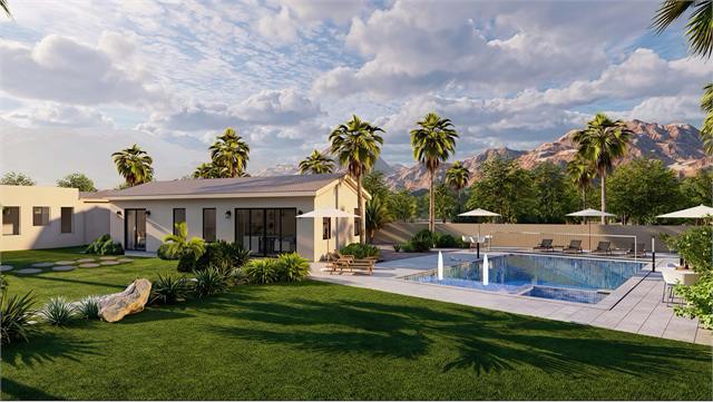 Backyard pool and casita exterior rendering for a one bedroom Arizona ADU