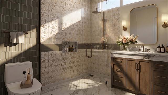 Bathroom rendering for the 46 by 19 874 square foot casita floor plan with tiled shower and vanity
