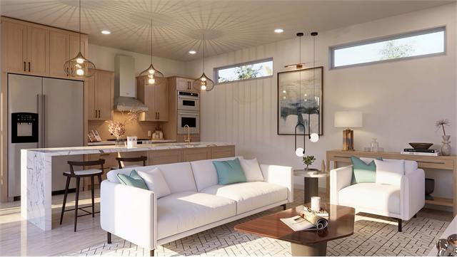 Kitchen and living room rendering with island and sofa for the 46 by 19 casita plan