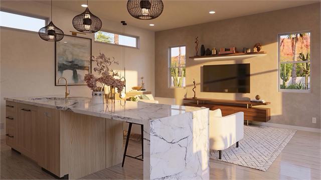 Open kitchen and living room rendering for the 874 square foot Arizona casita plan