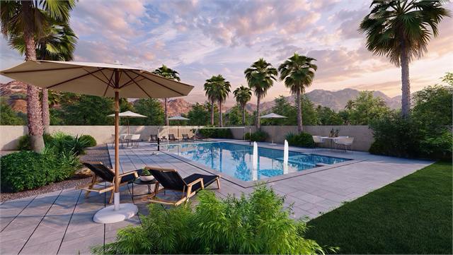 Pool courtyard rendering connected to the 46 by 19 casita floor plan