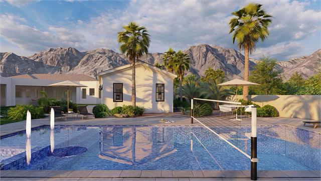 Poolside exterior rendering for the 46 by 19 874 square foot casita plan