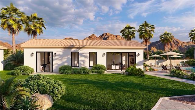 Rear exterior elevation rendering of the 874 square foot casita beside a pool