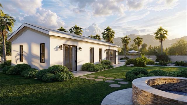 Side exterior rendering of the 46 by 19 one bedroom casita plan with patio path