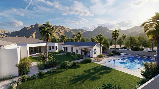 Wide yard rendering with the 874 square foot casita and pool in an Arizona backyard