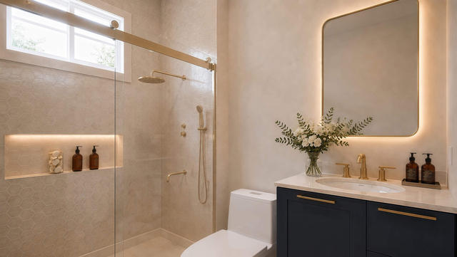 Interior rendering of the full bathroom showing a glass shower, vanity, toilet, mirror, and high window
