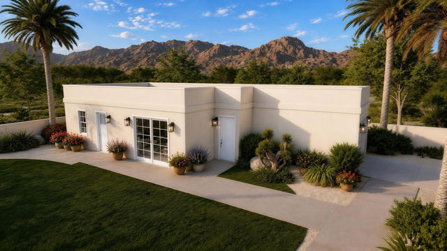 Front three-quarter rendering of the 55 by 25 casita showing stucco walls, French doors, flat parapets, and desert landscaping