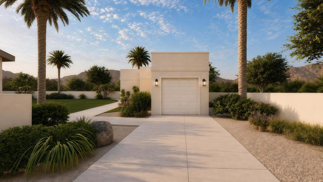 Exterior rendering of the attached garage showing the overhead door, driveway, flat parapet, and surrounding desert planting