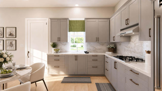 Interior rendering of the kitchen showing light cabinetry, counters, gas cooktop, sink, and a dining table