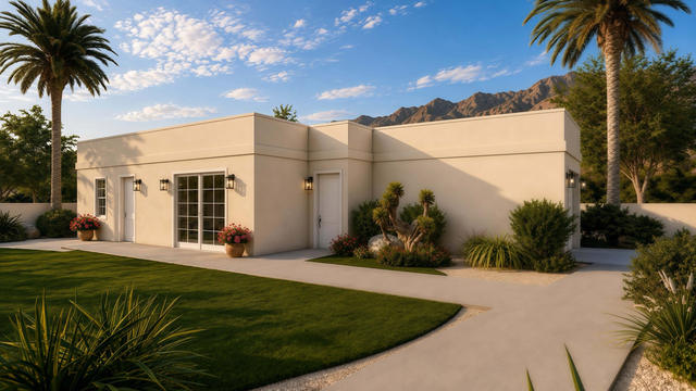 Opposite three-quarter rendering of the casita showing the broad facade, low roof profile, lawn edge, and paved walk