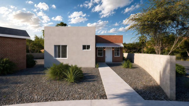 Front And Stair view of the 668-square-foot two-bedroom casita with rooftop patio, showing the exterior stair and primary facade.