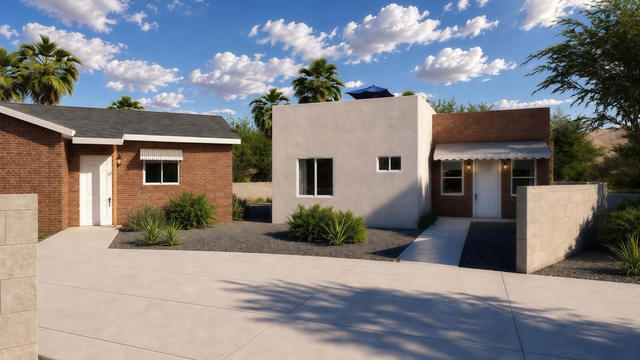 Rooftop Patio Side view of the 668-square-foot two-bedroom casita with rooftop patio, showing the elevated outdoor area and side elevation.