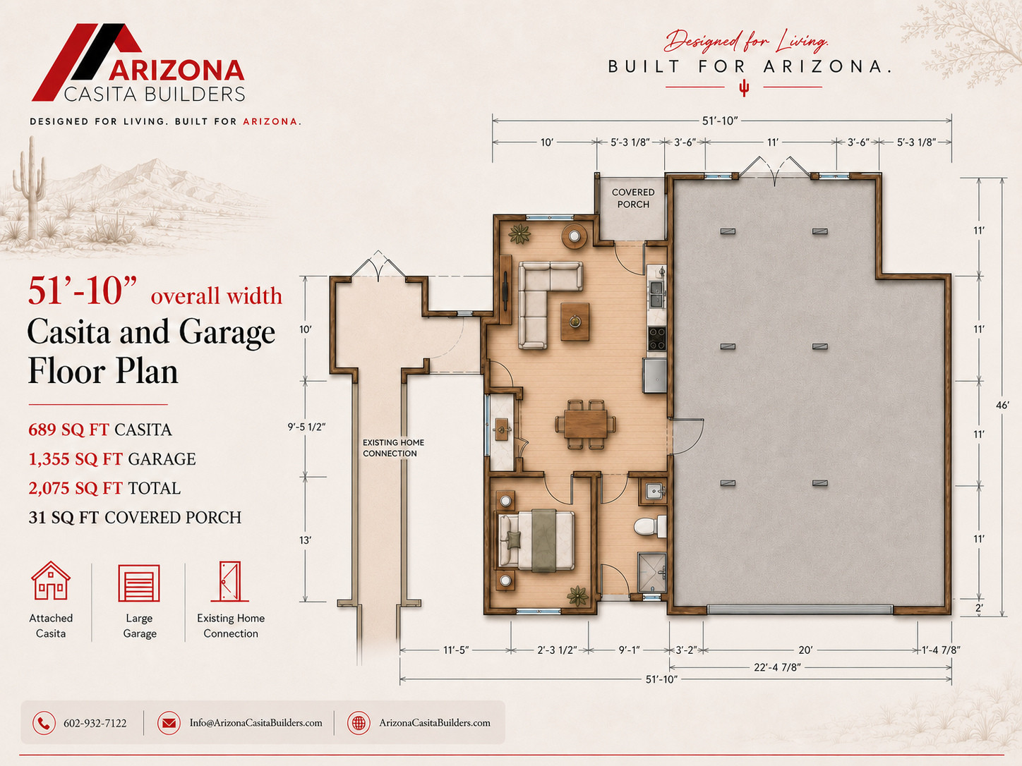 Detailed presentation floor plan for the 689-square-foot casita with 1,355-square-foot attached garage.