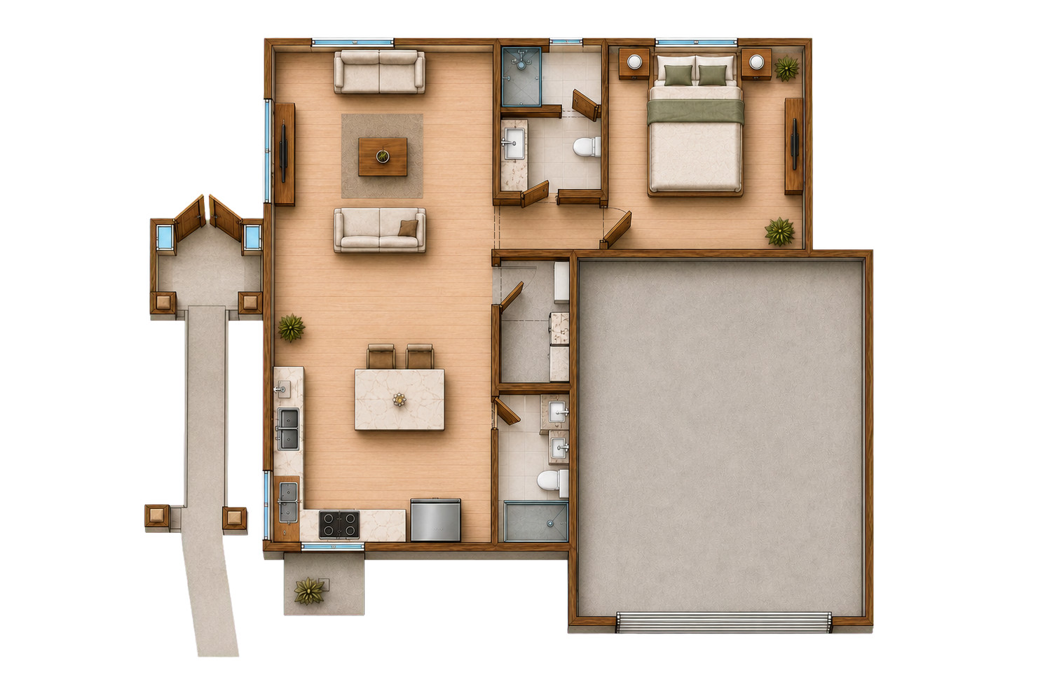 Realistic furnished floor plan showing the 689-square-foot casita with 1,355-square-foot attached garage.