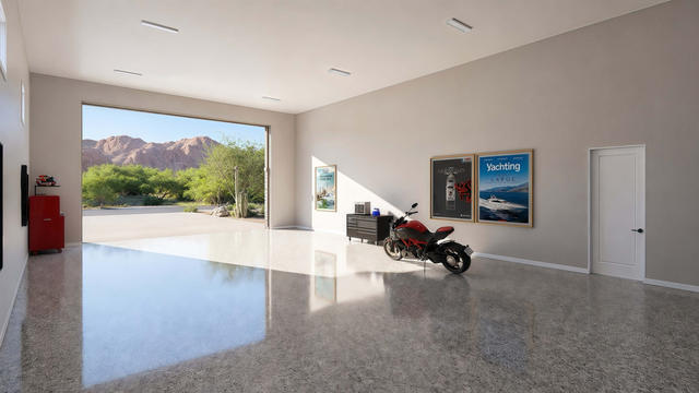 Kitchen view of the 689-square-foot casita with 1,355-square-foot attached garage, showing the kitchen work area and cabinetry.