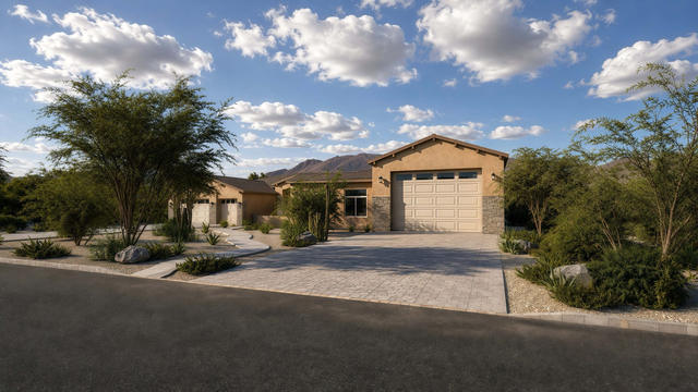 Rear Courtyard view of the 689-square-foot casita with 1,355-square-foot attached garage, showing the residential side and outdoor connection.