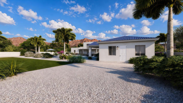 Garage Side view of the 1,104-square-foot, 70-by-34-foot two-bedroom casita with garage, showing casita and attached garage.