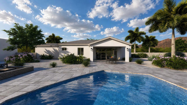 Pool Patio view of the 1,104-square-foot, 70-by-34-foot two-bedroom casita with garage, showing covered patio across the pool.