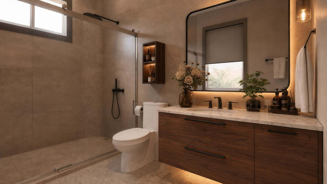 Bathroom view of the 1,500-square-foot, 76-by-30-foot two-bedroom casita with garage, showing walk-in shower and vanity.