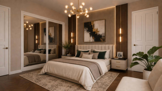 Bedroom view of the 1,500-square-foot, 76-by-30-foot two-bedroom casita with garage, showing bedroom and mirrored closet.