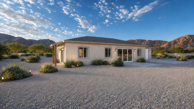 Entry Front view of the 1,500-square-foot, 76-by-30-foot two-bedroom casita with garage, showing front glazing and garage.
