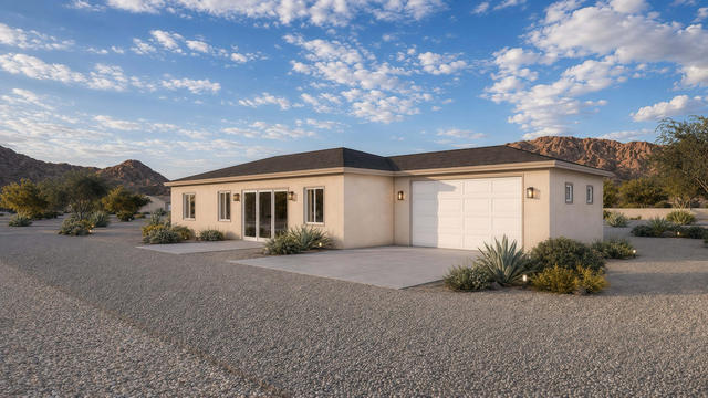 Garage Front view of the 1,500-square-foot, 76-by-30-foot two-bedroom casita with garage, showing attached garage and casita wing.