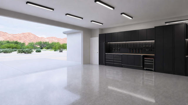 Garage Interior view of the 1,500-square-foot, 76-by-30-foot two-bedroom casita with garage, showing finished garage storage.
