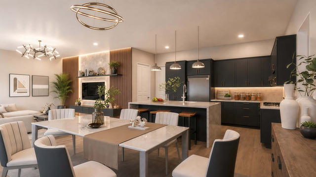Kitchen And Dining view of the 1,500-square-foot, 76-by-30-foot two-bedroom casita with garage, showing dark cabinets and island.