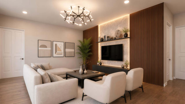 Living Room view of the 1,500-square-foot, 76-by-30-foot two-bedroom casita with garage, showing warm media wall and seating.