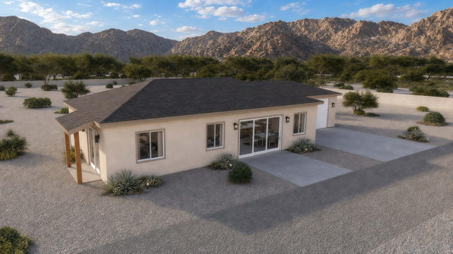 Patio Side view of the 1,500-square-foot, 76-by-30-foot two-bedroom casita with garage, showing patio-facing elevation.