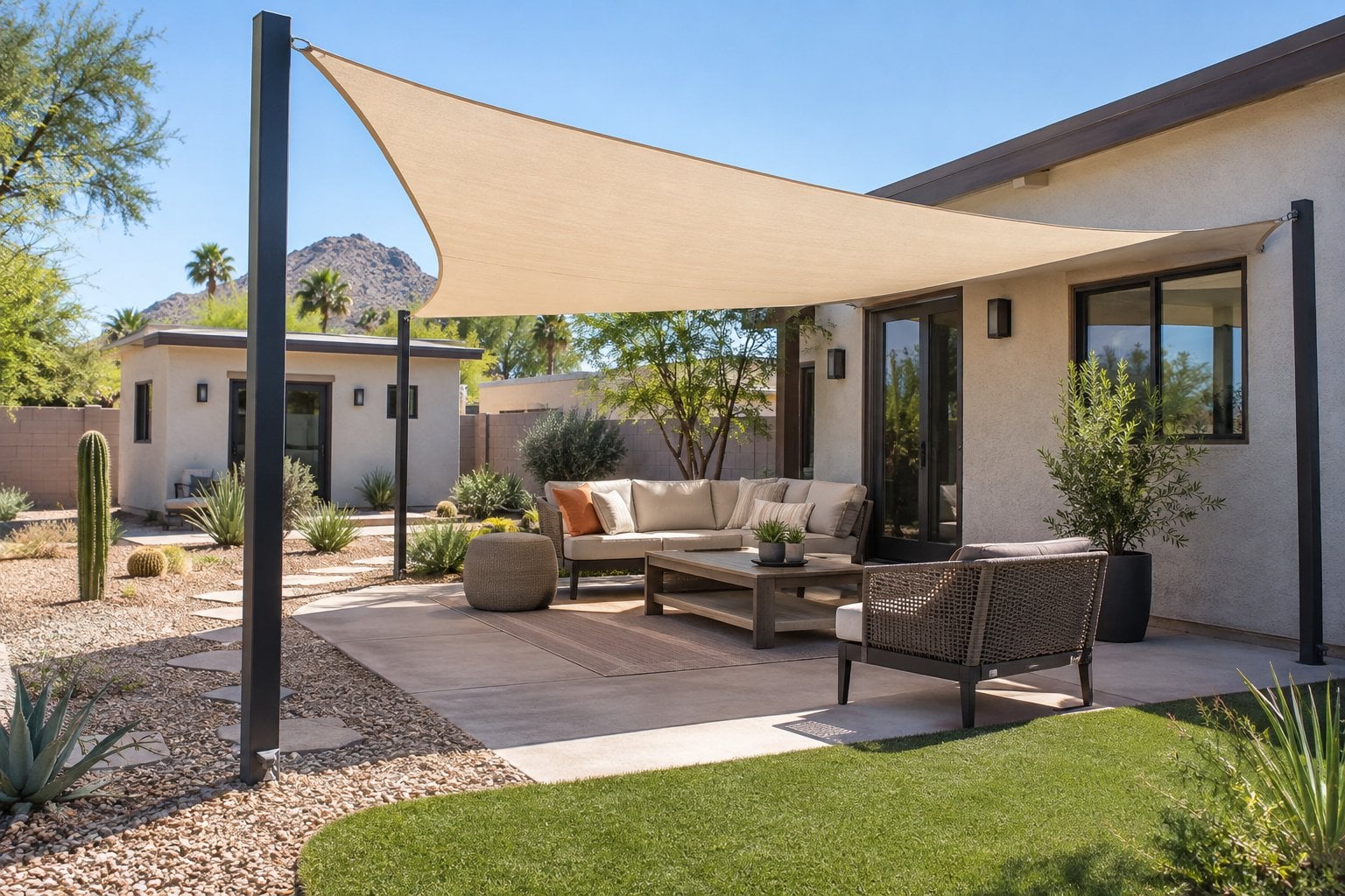 Illustrative Arizona backyard with a professionally installed shade sail over outdoor seating and a casita in the background