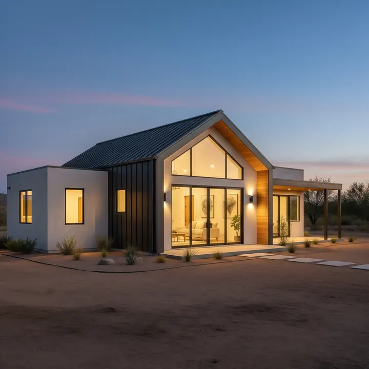 Arroyo Gable casita design with clean white exterior and desert landscaping
