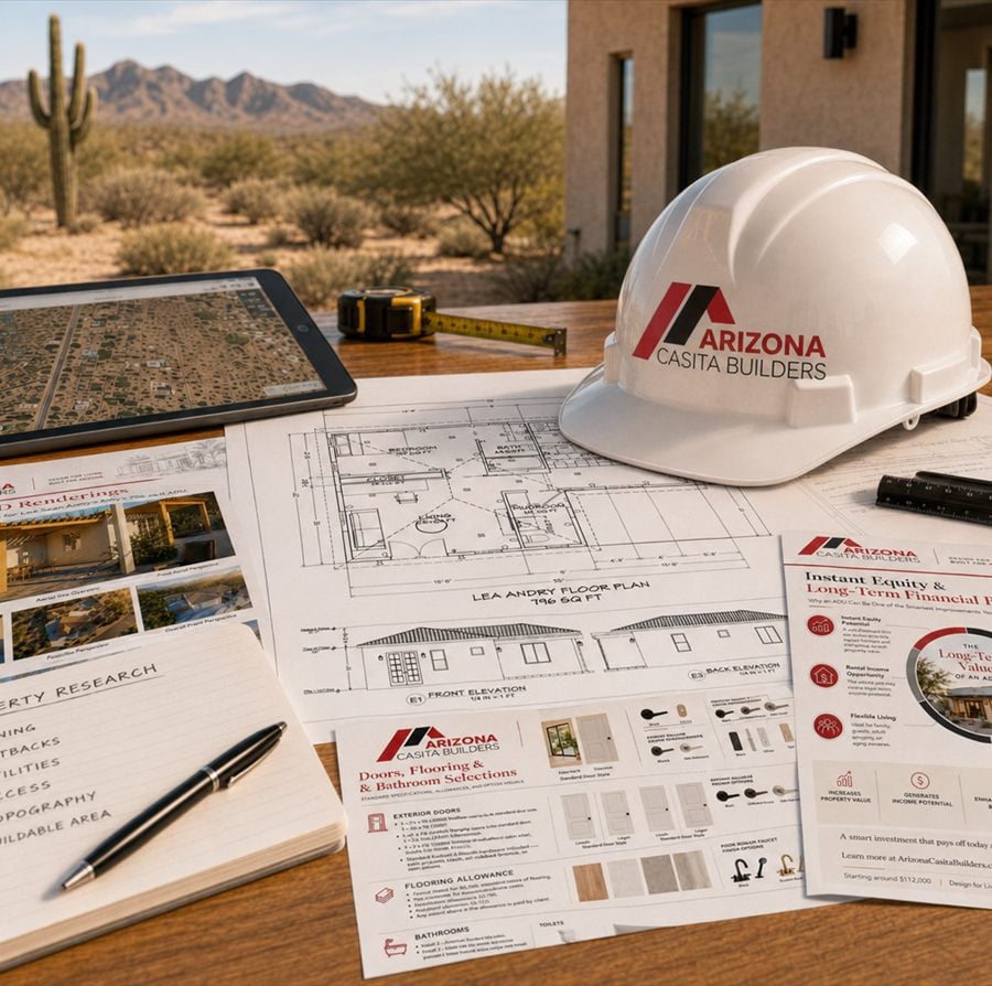 Arizona Casita Builders hard hat with property research and casita floor plans