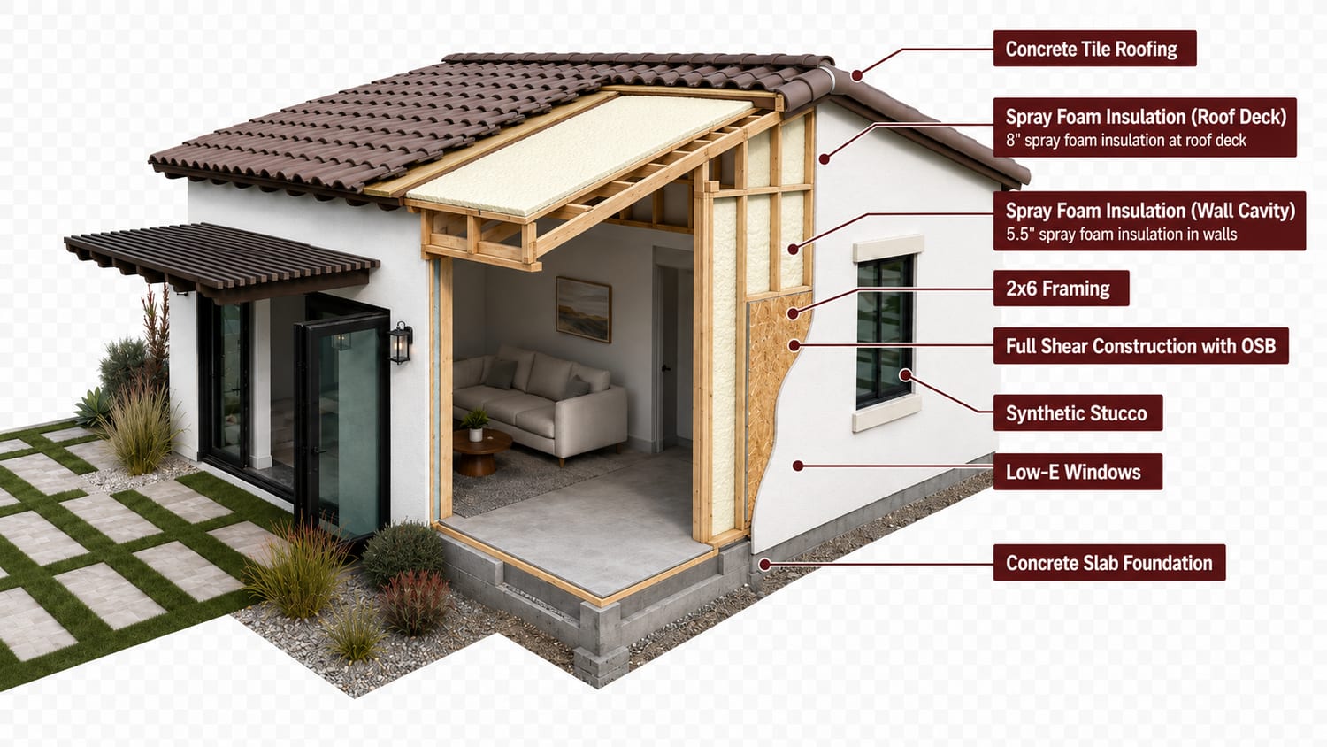 Educational cutaway of the Buckeye studio casita build showing concrete tile roofing, spray foam insulation, 2x6 framing, OSB shear construction, synthetic stucco, Low-E windows, and concrete slab foundation