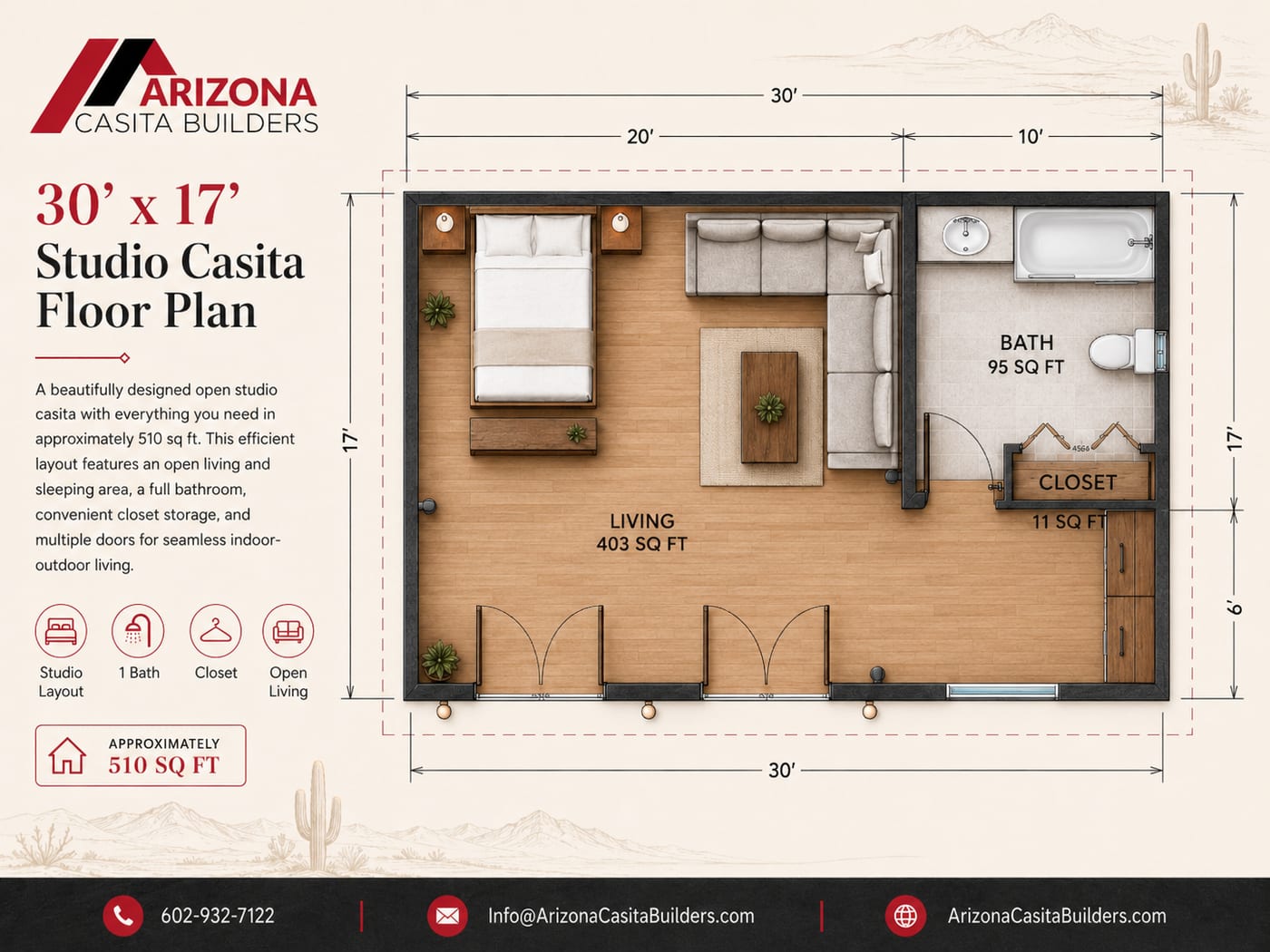 Buckeye studio casita floor plan for Mr. Zoe showing a 30 foot by 17 foot approximately 510 square foot layout with open living area, bath, closet, and multiple exterior doors